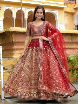 Maroon Color Silk Semi-Stitched Lehenga Choli With Thread & Sequence work