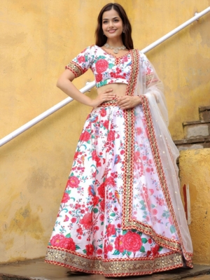 Designer White Art Silk Semi-Stitched Lehenga Choli with Soft Net Dupatta