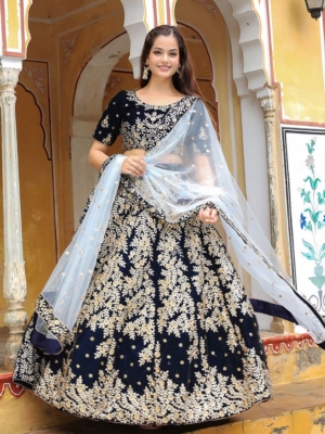 Blue Velvet Semi-Stitched Lehenga Choli with Jari & Sequence Embroidery Work
