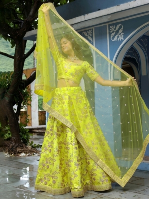 Elegant Neon Color Slub Silk Embroidered Semi-Stitched Lehenga Choli with Soft Net Dupatta