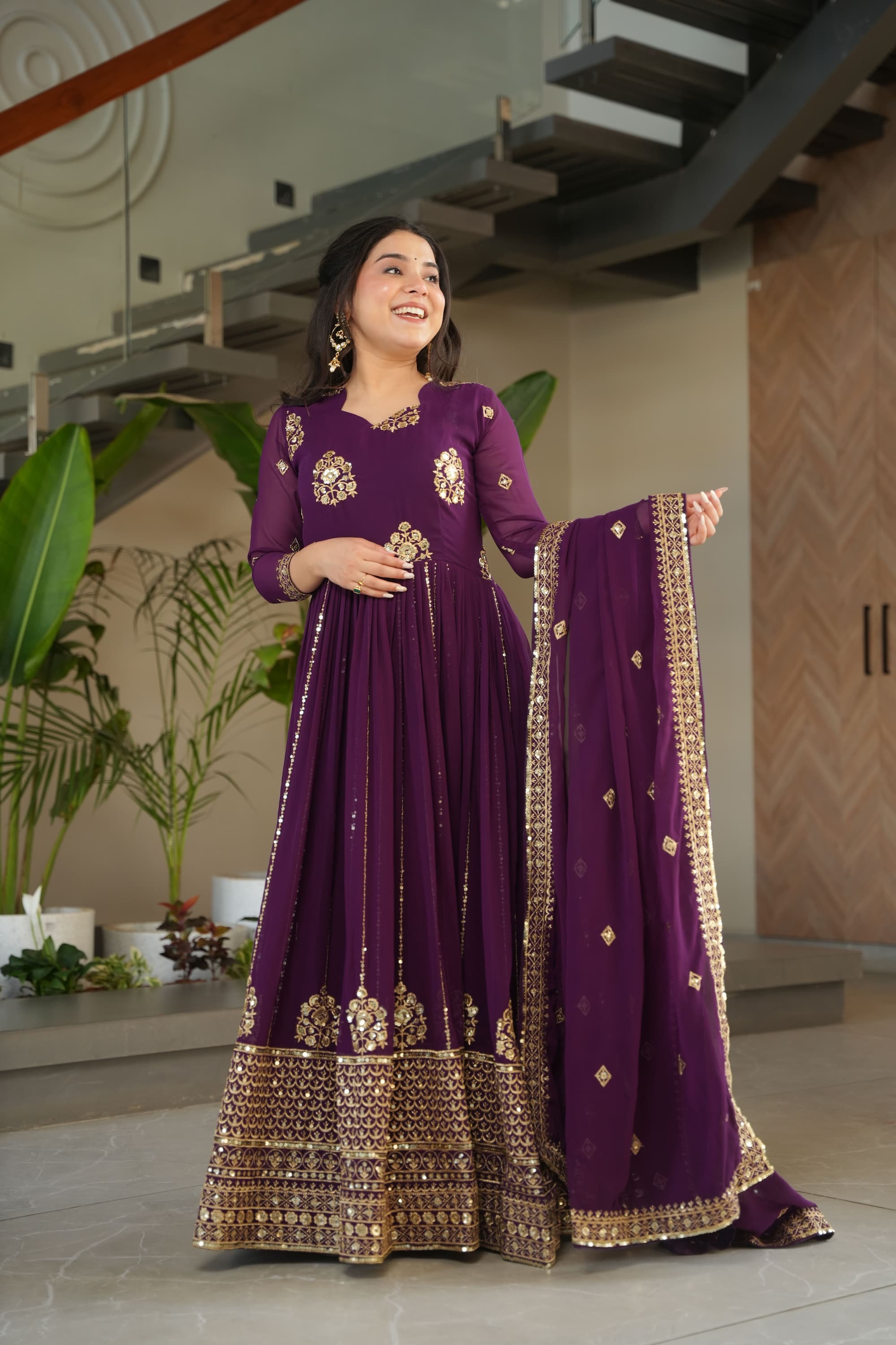 Elegant Faux Georgette Party Wear Long Readymade Gown with Dupatta For Marriage - Image 2