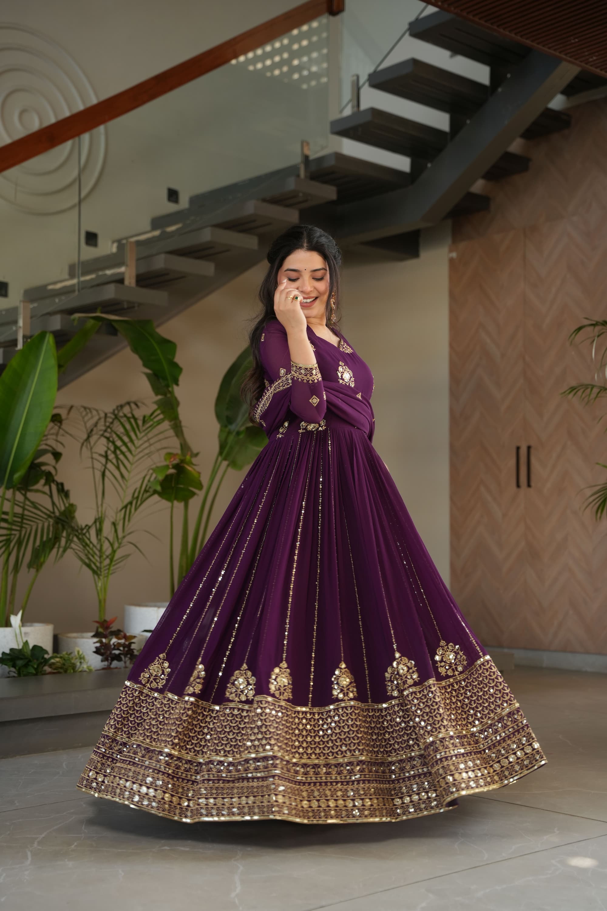 Elegant Faux Georgette Party Wear Long Readymade Gown with Dupatta For Marriage - Image 3