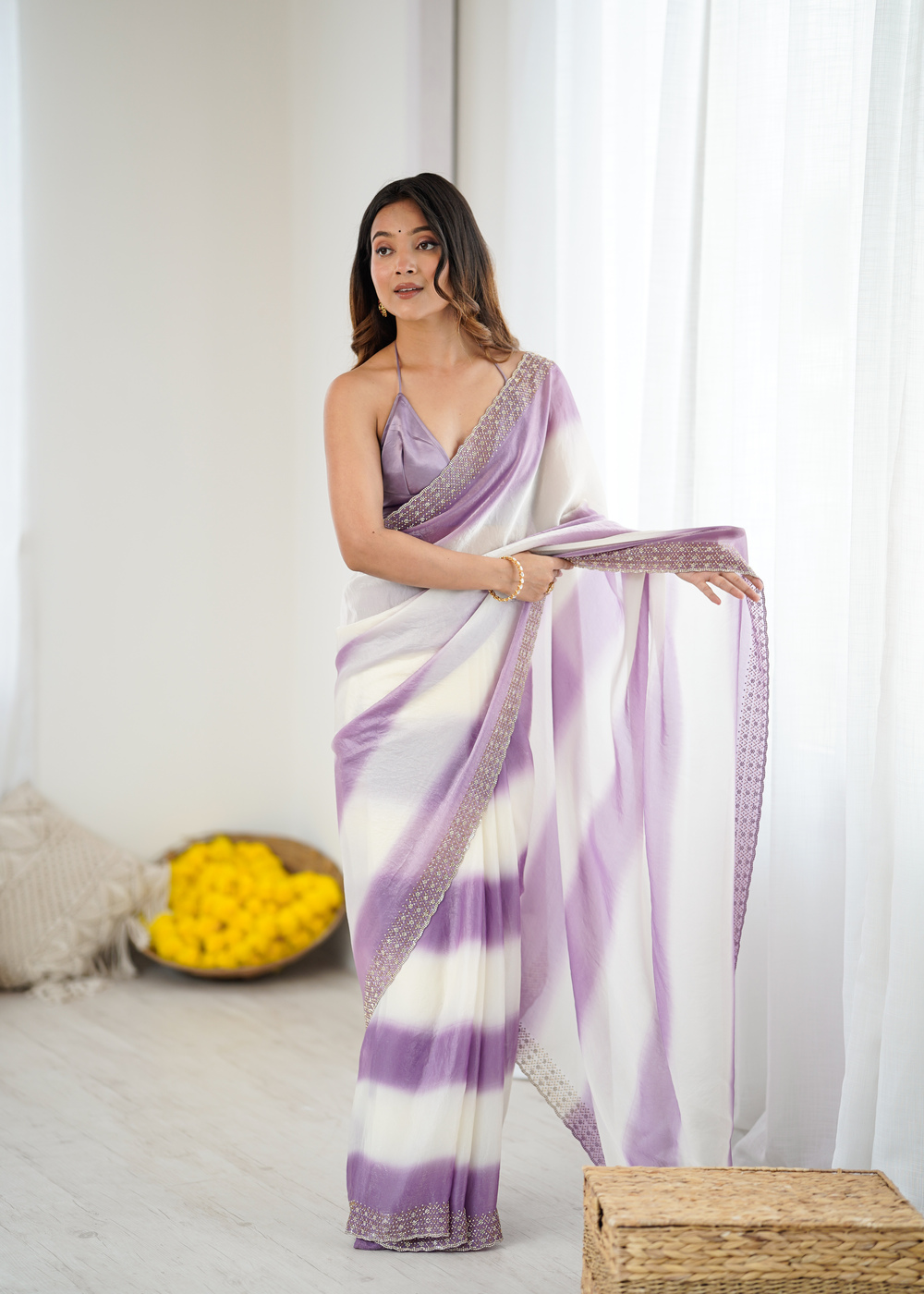 Fancy Party Wear Lavender Fendy Satin Saree with Jarkan Diamond Border - Image 3