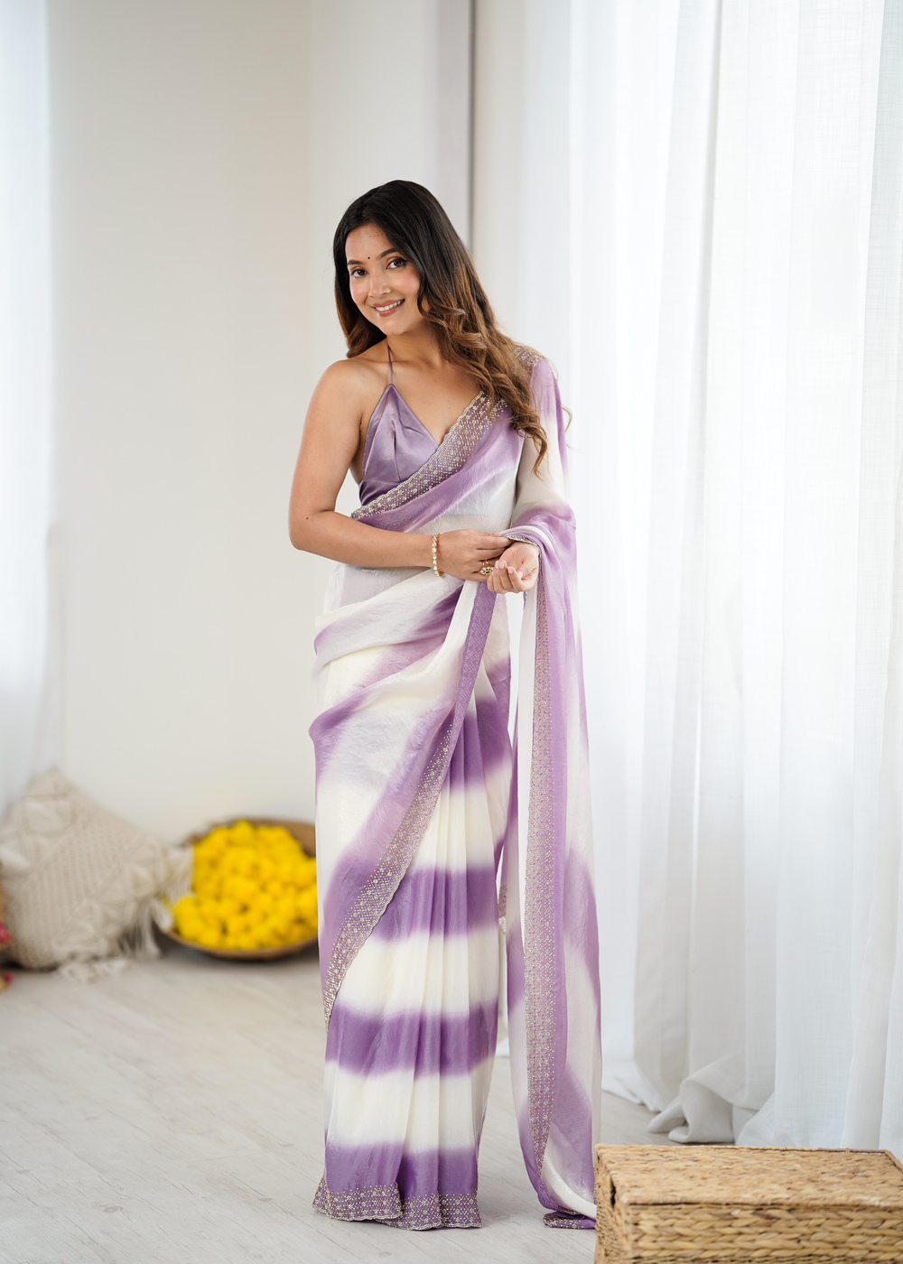 Fancy Party Wear Lavender Fendy Satin Saree with Jarkan Diamond Border - Image 2