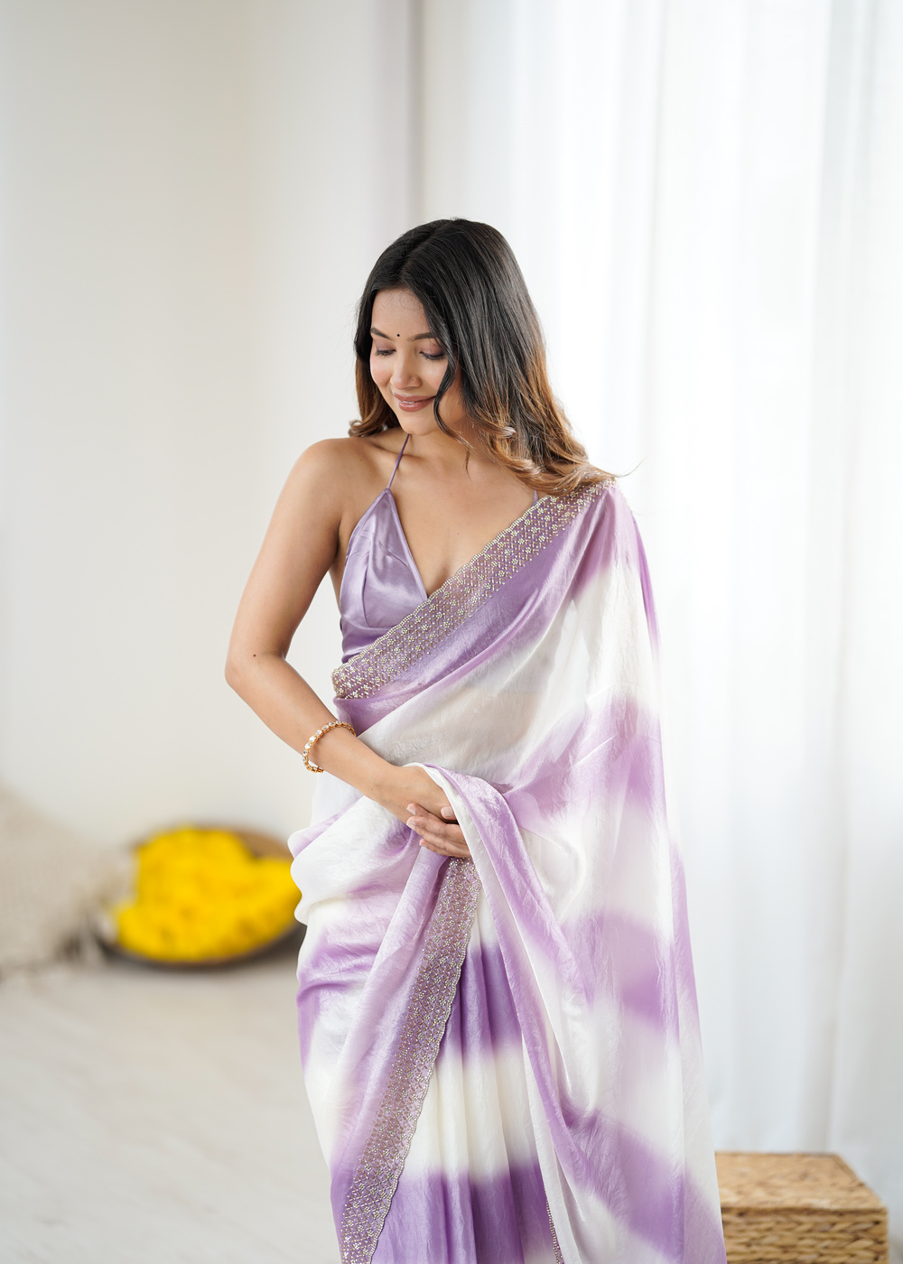 Fancy Party Wear Lavender Fendy Satin Saree with Jarkan Diamond Border