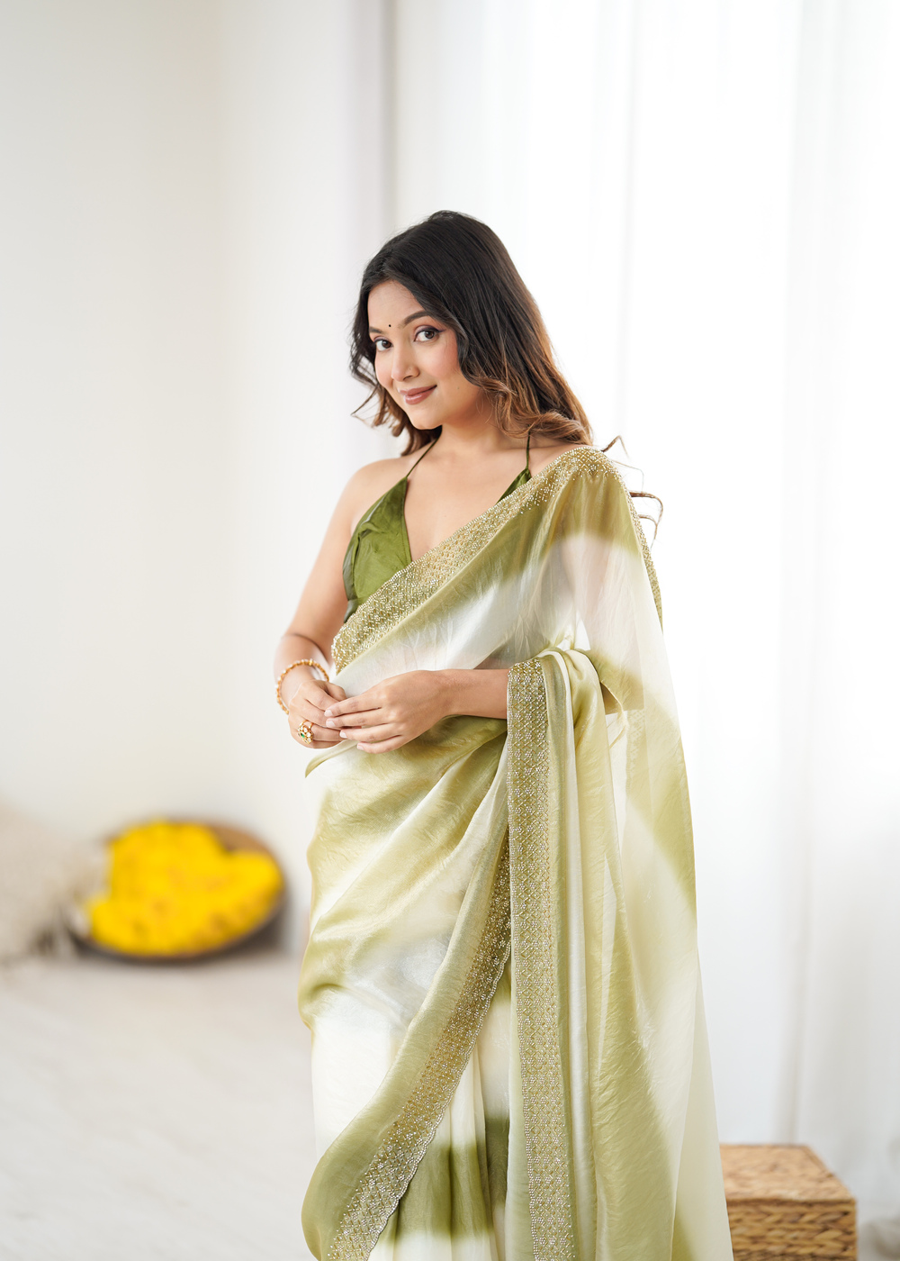 Elegant Party Wear Mehandi Color Satin Saree with Designer Jarkan Border