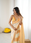 Trendy Party Wear Yellow Fendy Satin Saree with Designer Border