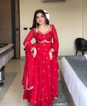 Eid Special Stylish Georgette Red Embroidered Kurti Pant Dupatta Set