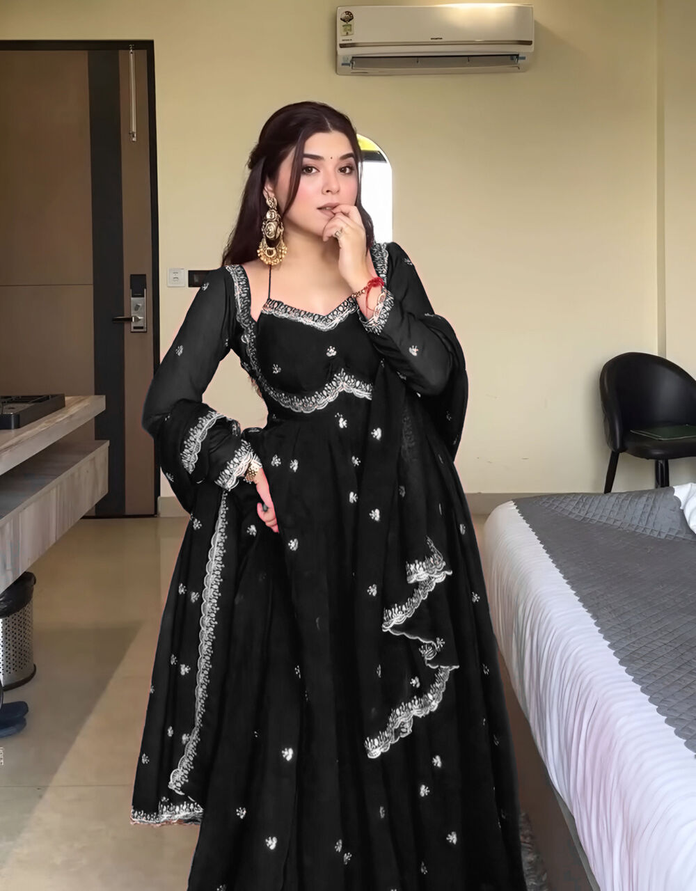 Eid Special Beautiful Black Georgette Embroidered Kurti Pant Dupatta Set - Image 3