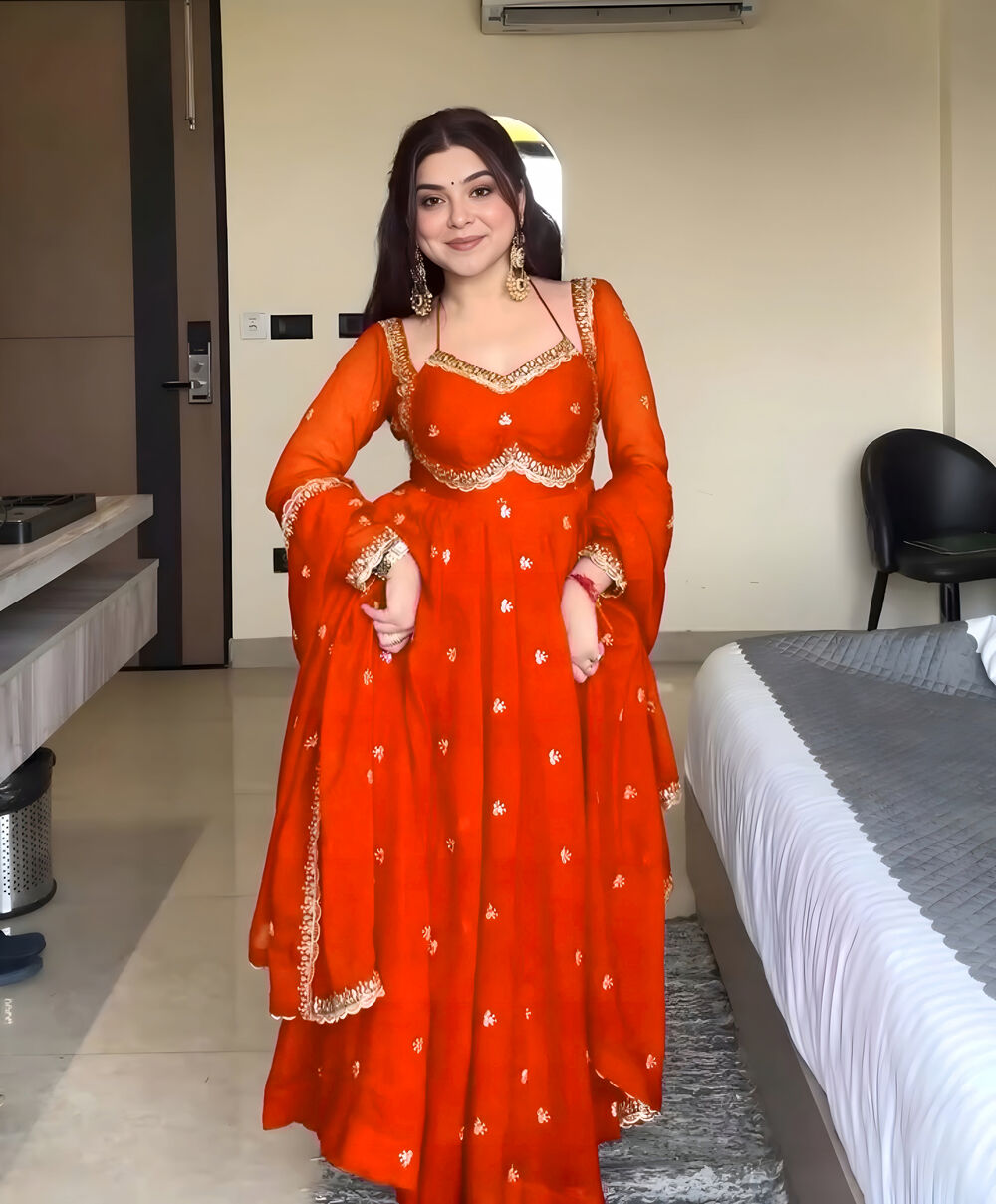 Eid Special Beautiful Orange Georgette Embroidered Readymade Anarkali Set - Image 2