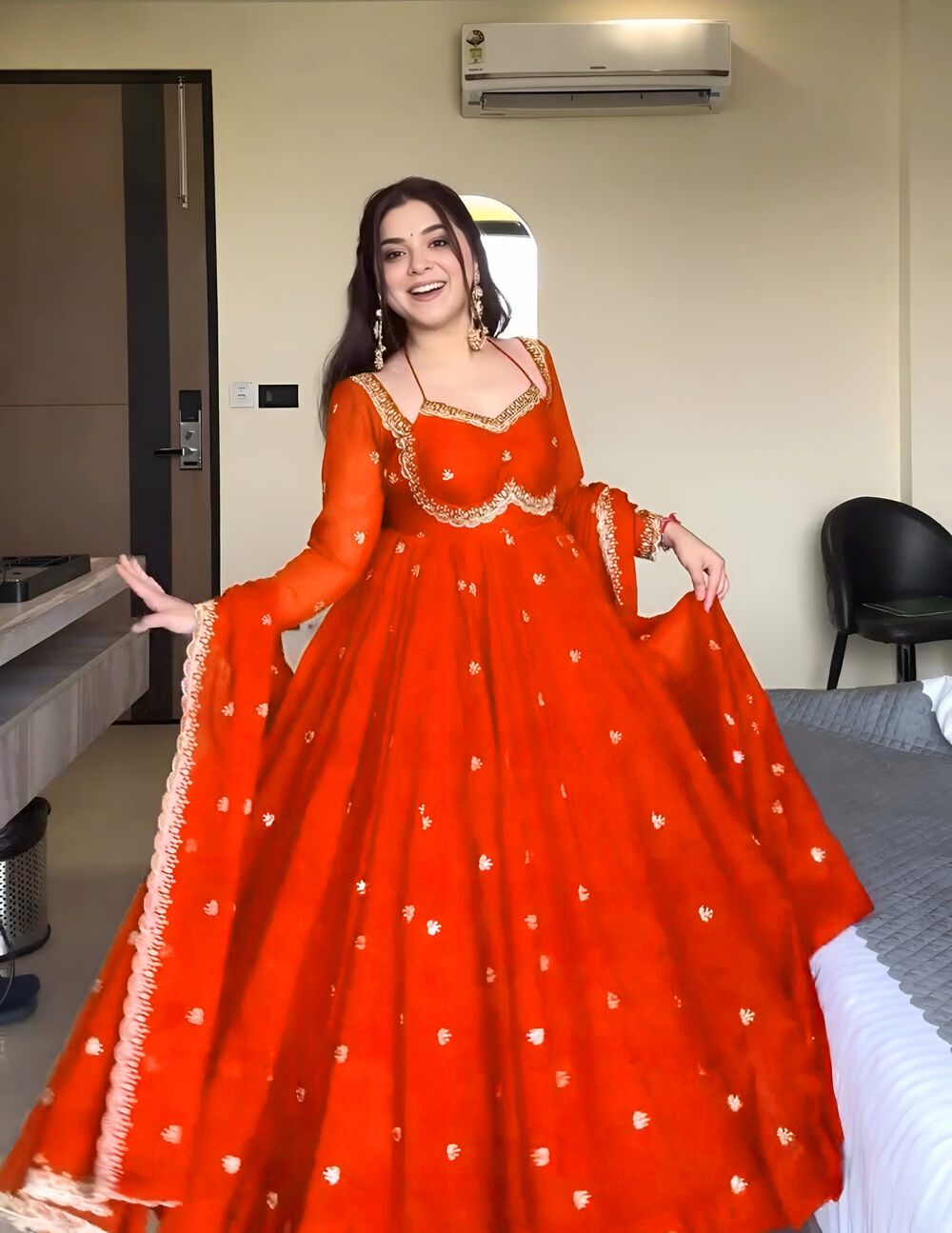 Eid Special Beautiful Orange Georgette Embroidered Readymade Anarkali Set