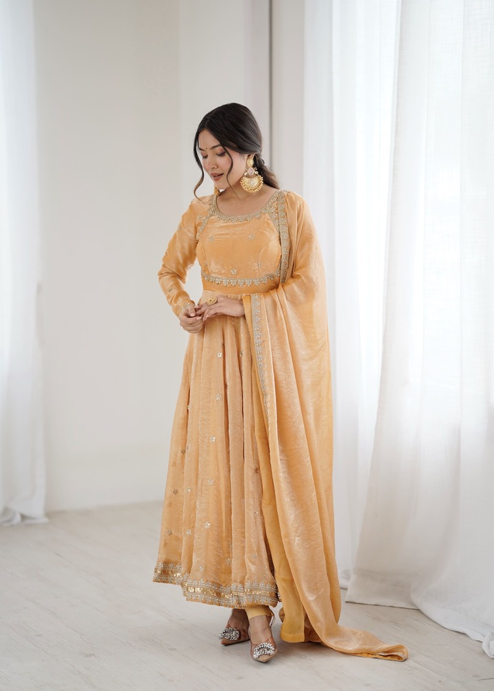 Elegant Sequins Work Fandy Silk Gown with Pant & Designer Dupatta - Image 3