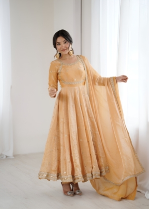 Elegant Sequins Work Fandy Silk Gown with Pant & Designer Dupatta