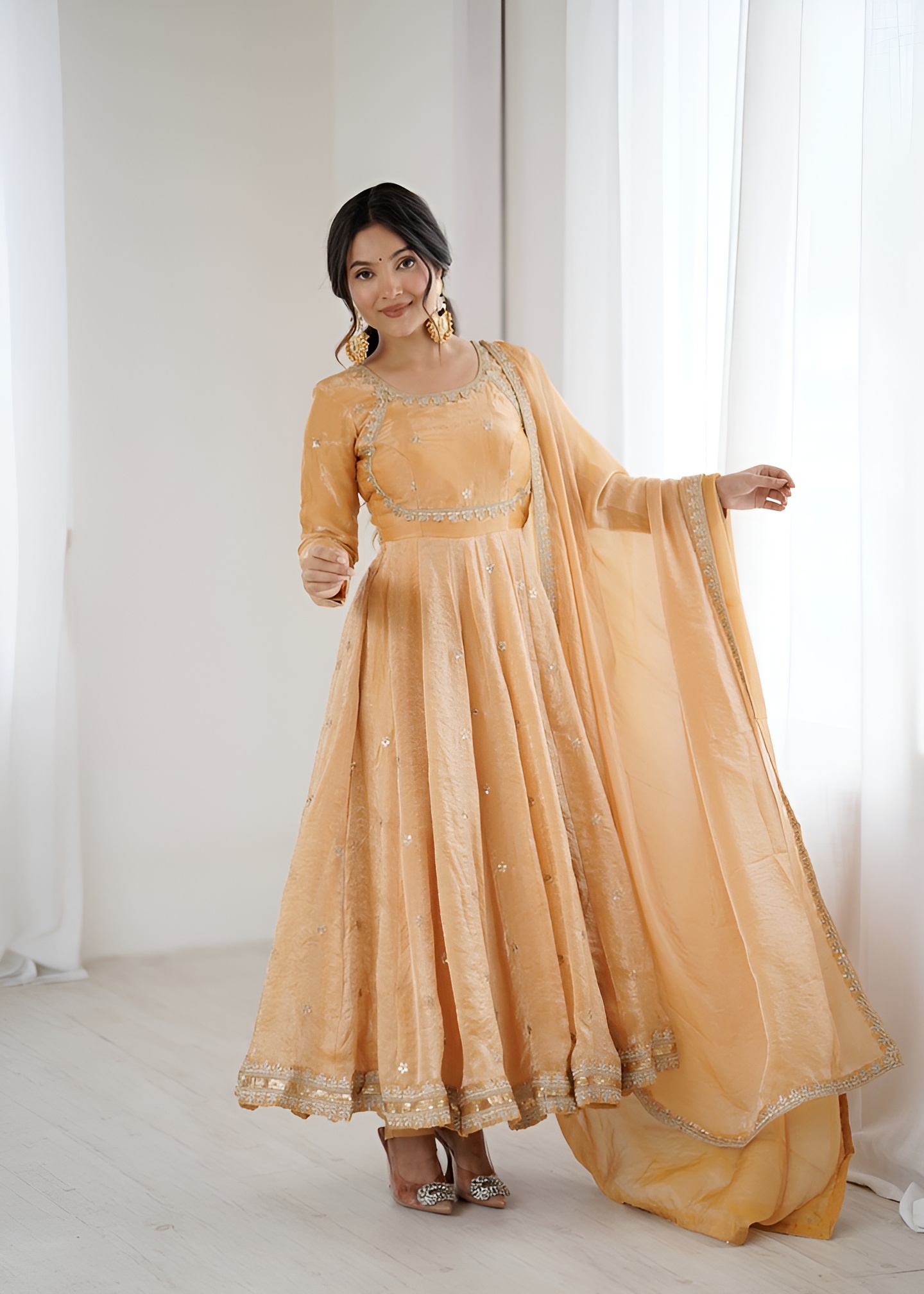 Elegant Sequins Work Fandy Silk Gown with Pant & Designer Dupatta