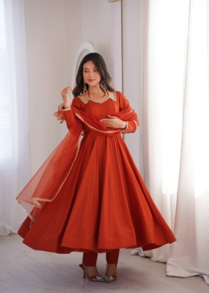Rust Orange Roman Silk Chanderi Readymade Anarkali Gown with Fancy Lace Work