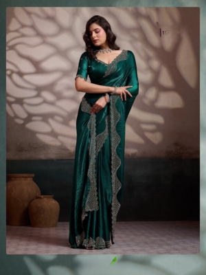 Ultra-Luxurious Velvet Satin Green Saree with Handcrafted Cutdana & Zarkan Borde