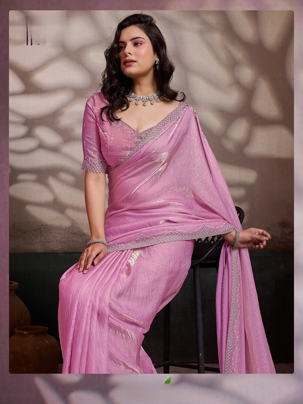Designer Velvet Satin Saree with Intricate Cutdana and Zarkan Handwork - Image 3