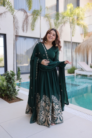 Stylish Eid Special Rangoli Crush Embroidered Long Readymade Gown with Dupatta