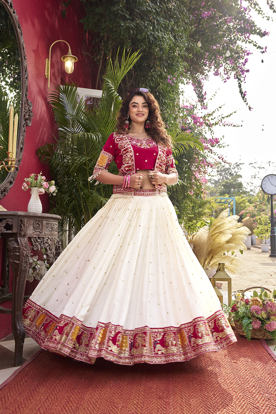 Designer Vichitra Lehenga Choli with Red Embroidered Koti For Festive & Wedding Wear - Image 2