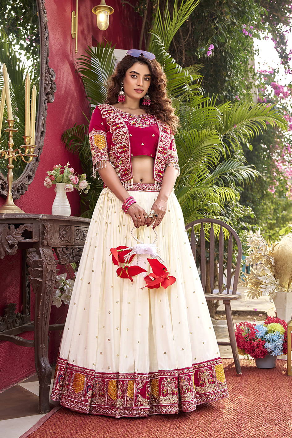 Designer Vichitra Lehenga Choli with Red Embroidered Koti For Festive & Wedding Wear