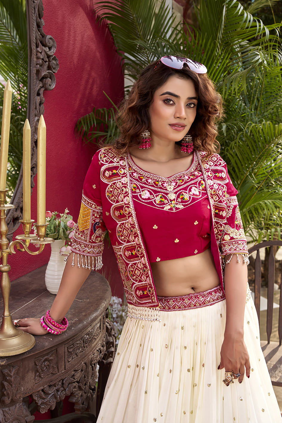 Designer Vichitra Lehenga Choli with Red Embroidered Koti For Festive & Wedding Wear - Image 3