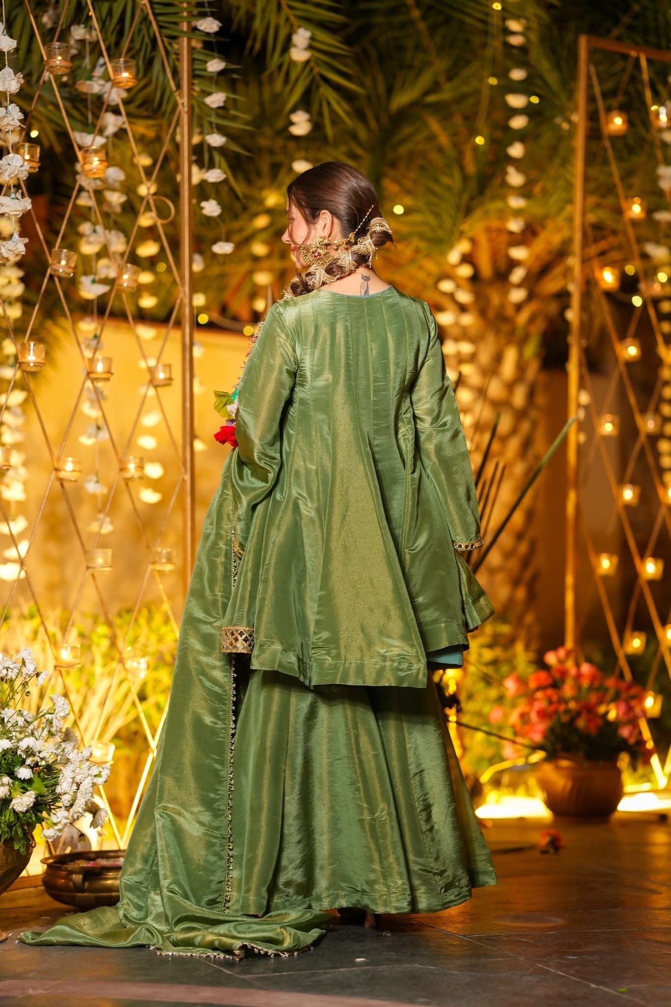 Designer Vichitra Silk Green Readymade Kurta With Silk Dupatta For Women - Image 4