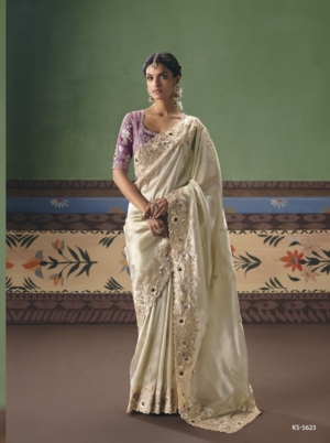 Elegant Cream Embroidered Festive Saree