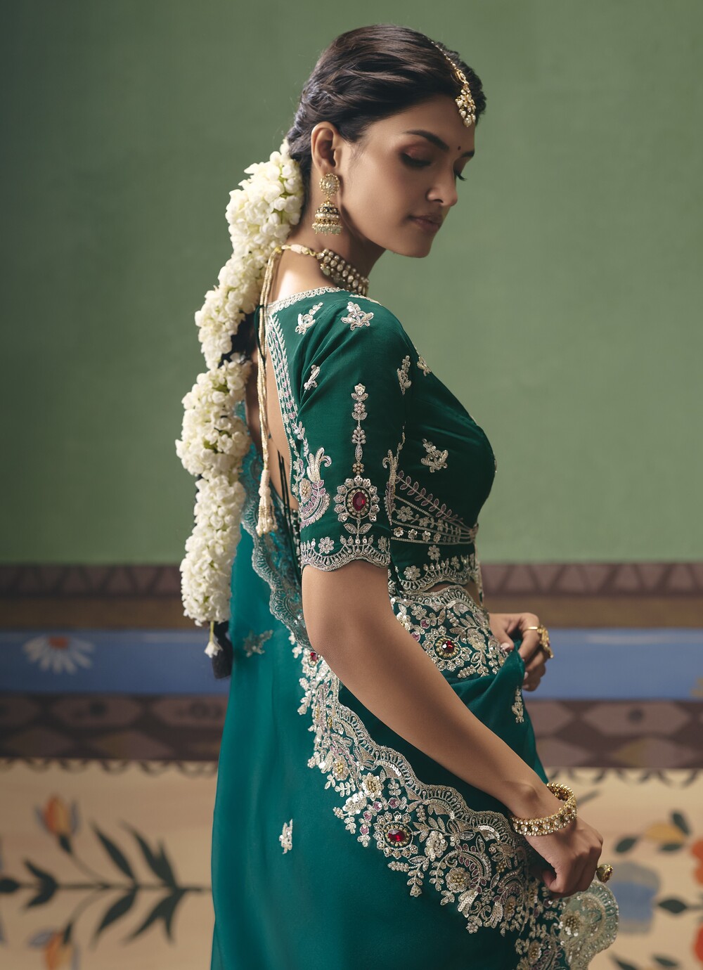 Exclusive Wedding & Festive Green Saree with Heavy Embroidery - Image 2