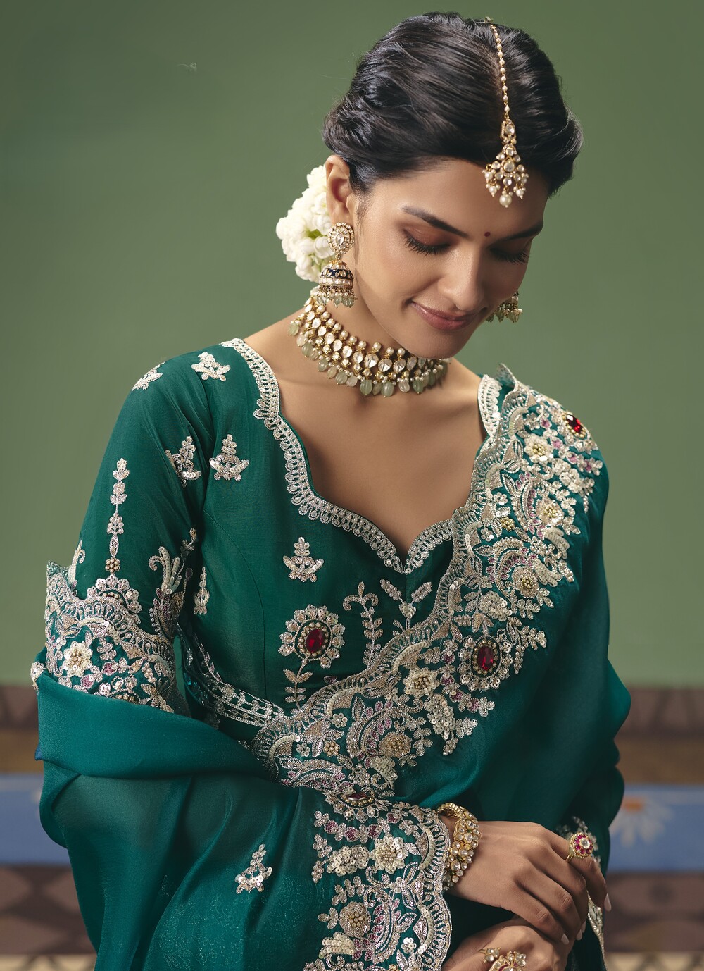 Exclusive Wedding & Festive Green Saree with Heavy Embroidery - Image 3