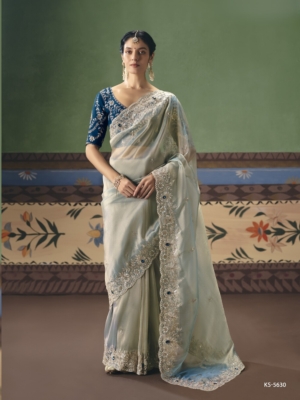 Stunning Light Teal Blue Embroidered Bridal Saree