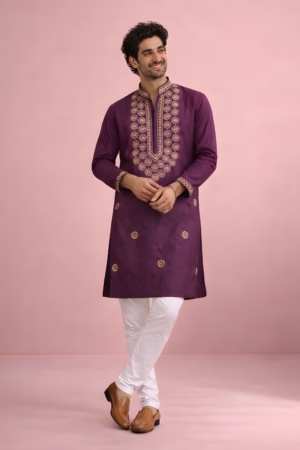 Trendy Printed Wine Color Kurta Pajama Set for Men For Wedding