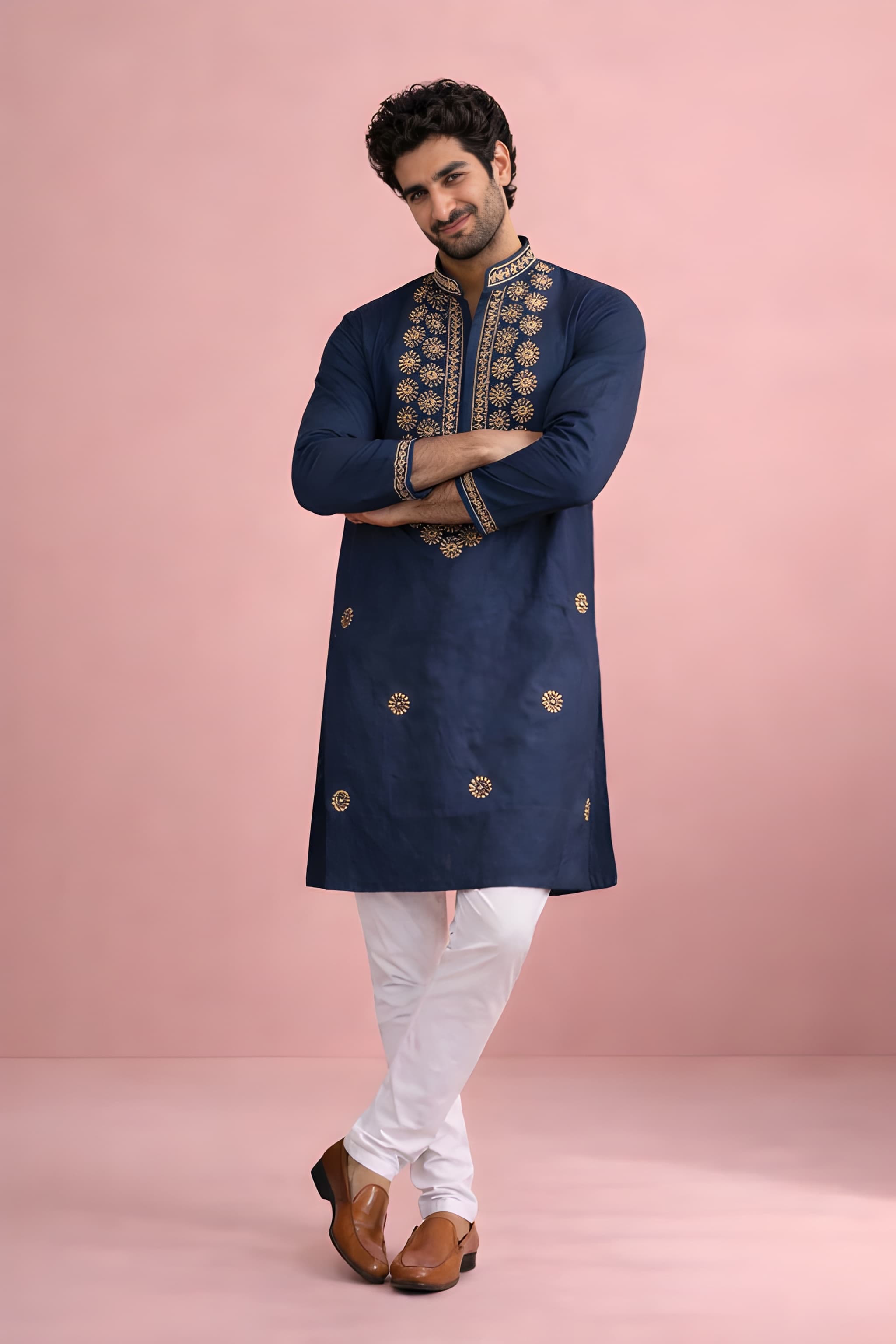 Luxury Men's Navy Blue Kurta Pajama with Designer Print for Wedding & Party