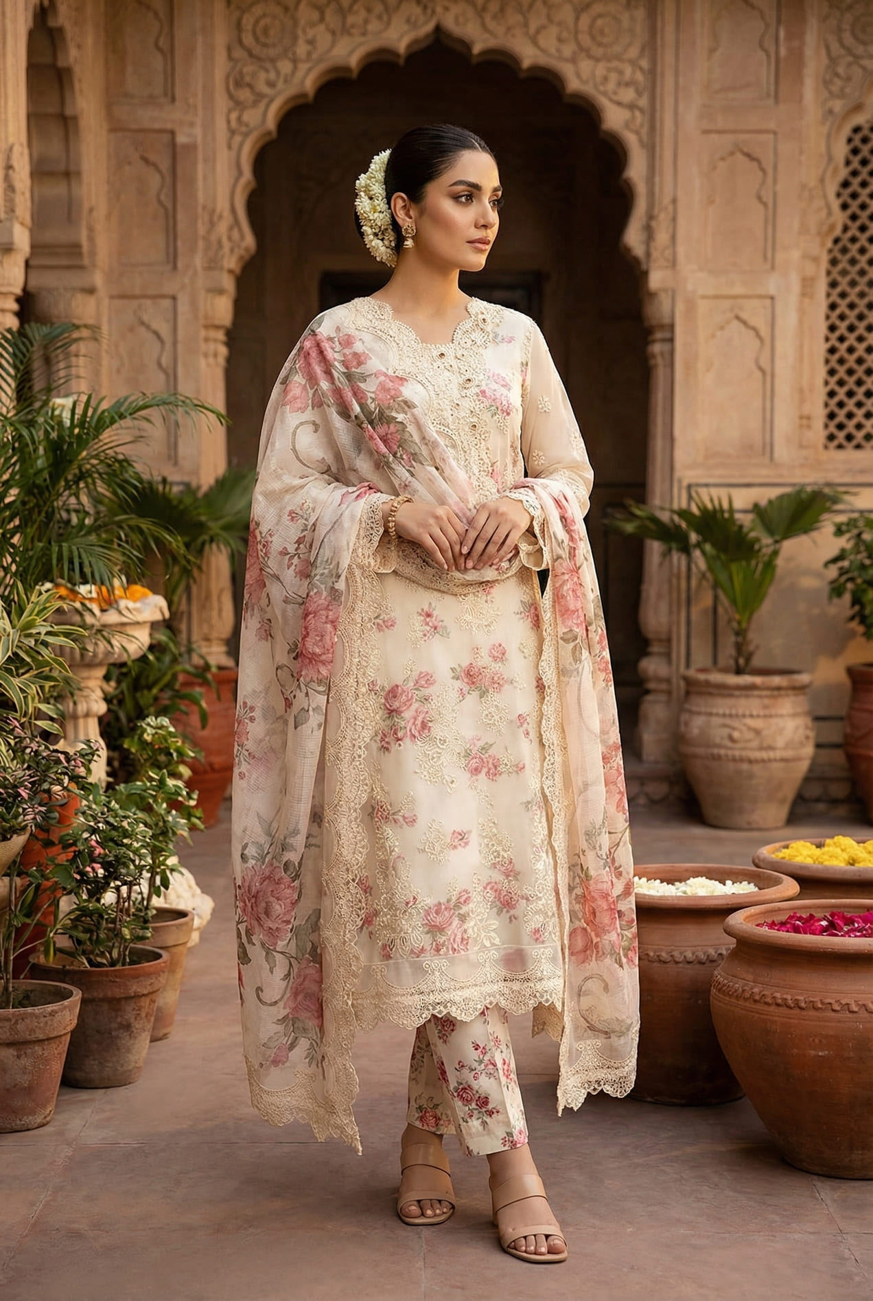 Chiffon Embroidered Pakistani salwar Kameez In Cream