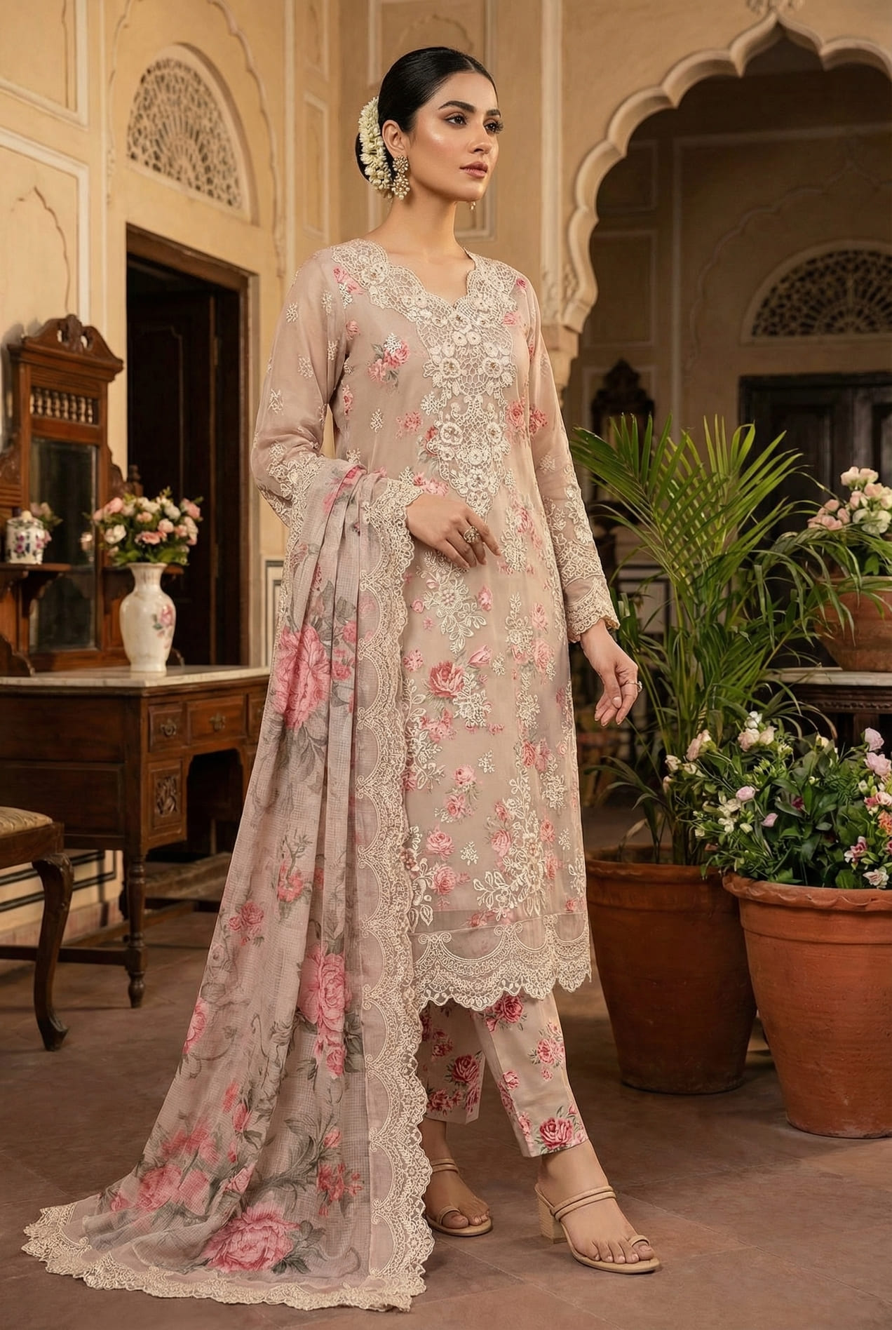 Brown Chiffon Embroidered Pakistani Salwar Kameez