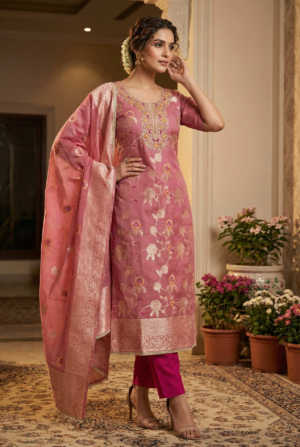 Graceful Pink Banarasi Cotton Silk Embroidered Salwar Suit For Engagement
