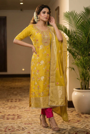 Premium Cotton Silk Yellow Unstitched Salwar Suit With Embroidered Work For Haldi