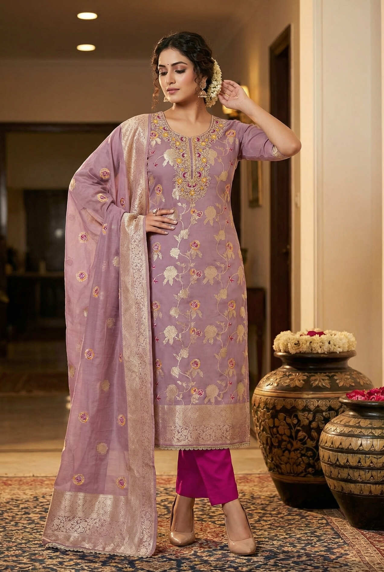 Designer Lavender Cotton Silk Salwar Suit with Hand Work & Matching Dupatta