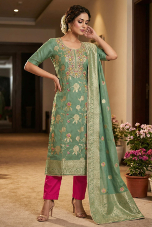 Elegant Green Banarasi Cotton Silk Salwar Kameez with Hand Work & Dupatta