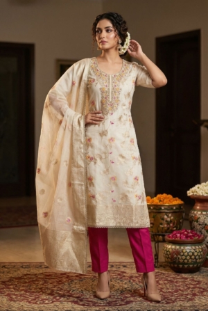 Cream Banarasi Cotton Silk Hand Work Salwar Suit For Casual