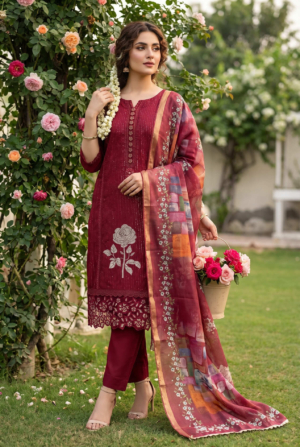 Stylish Unstitched Roman Silk Embroidered Salwar Suit Set for Women In Maroon Color