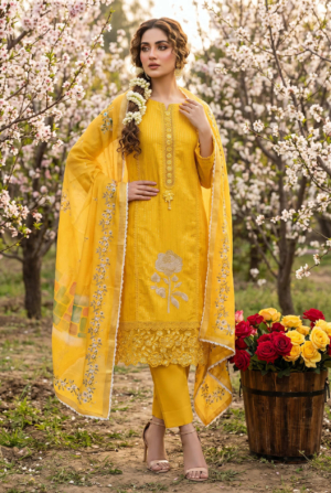 Designer Embroidered Roman Silk Dress Material In Yellow Colour