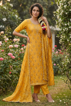 Yellow Modal Print Salwar Suit with Handwork & Pure Organza Dupatta