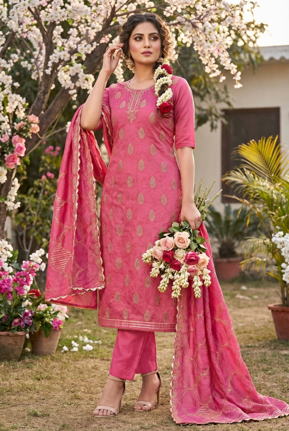 Designer Modal Print Unstitched Suit Set with Handwork & Pure Organza Work Dupatta