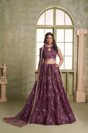 Designer Party Wear Butterfly Net Lehenga Choli In Wine Color with Dupatta For Women