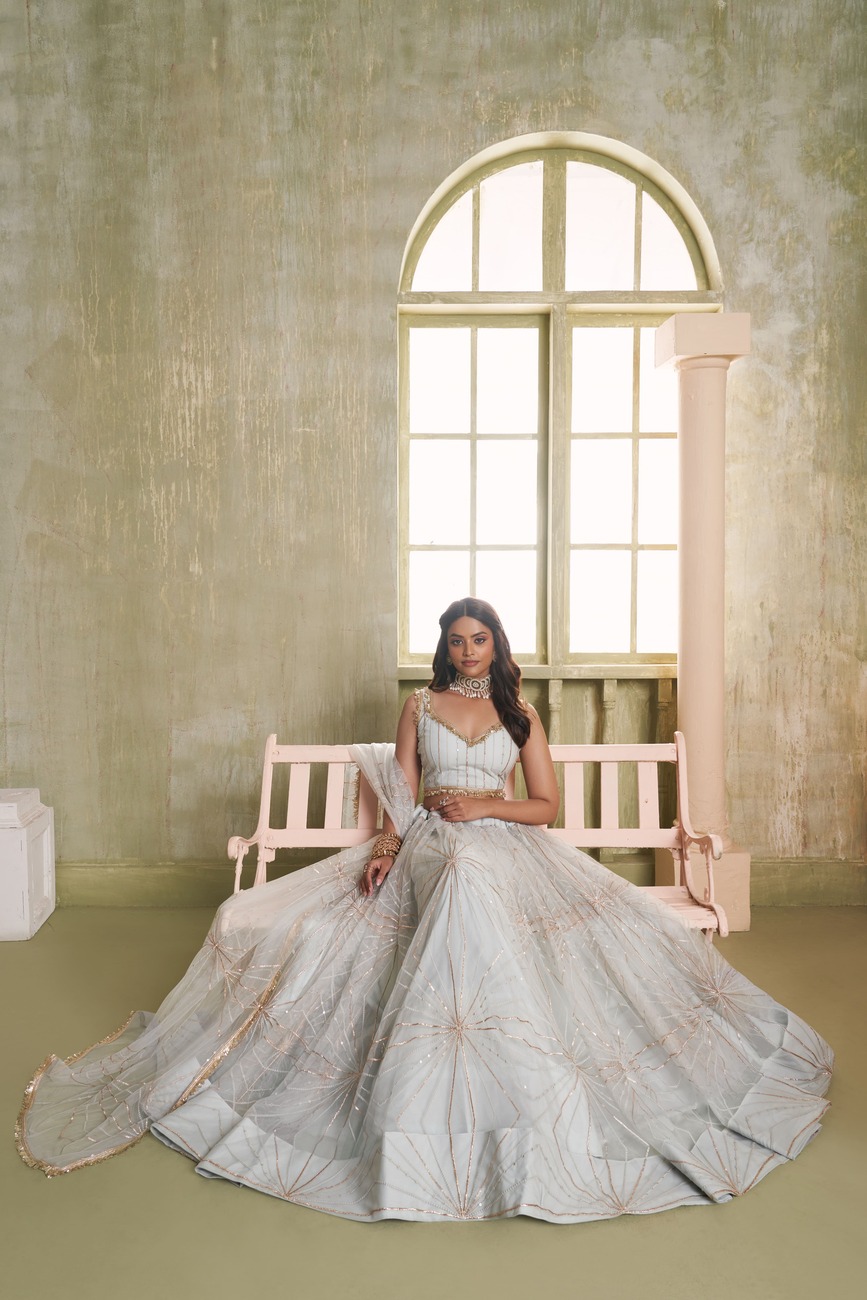 Light Grey Party Wear Designer Butterfly Net Lehenga Choli with Thread & Sequins Embroidery Dupatta - Image 4