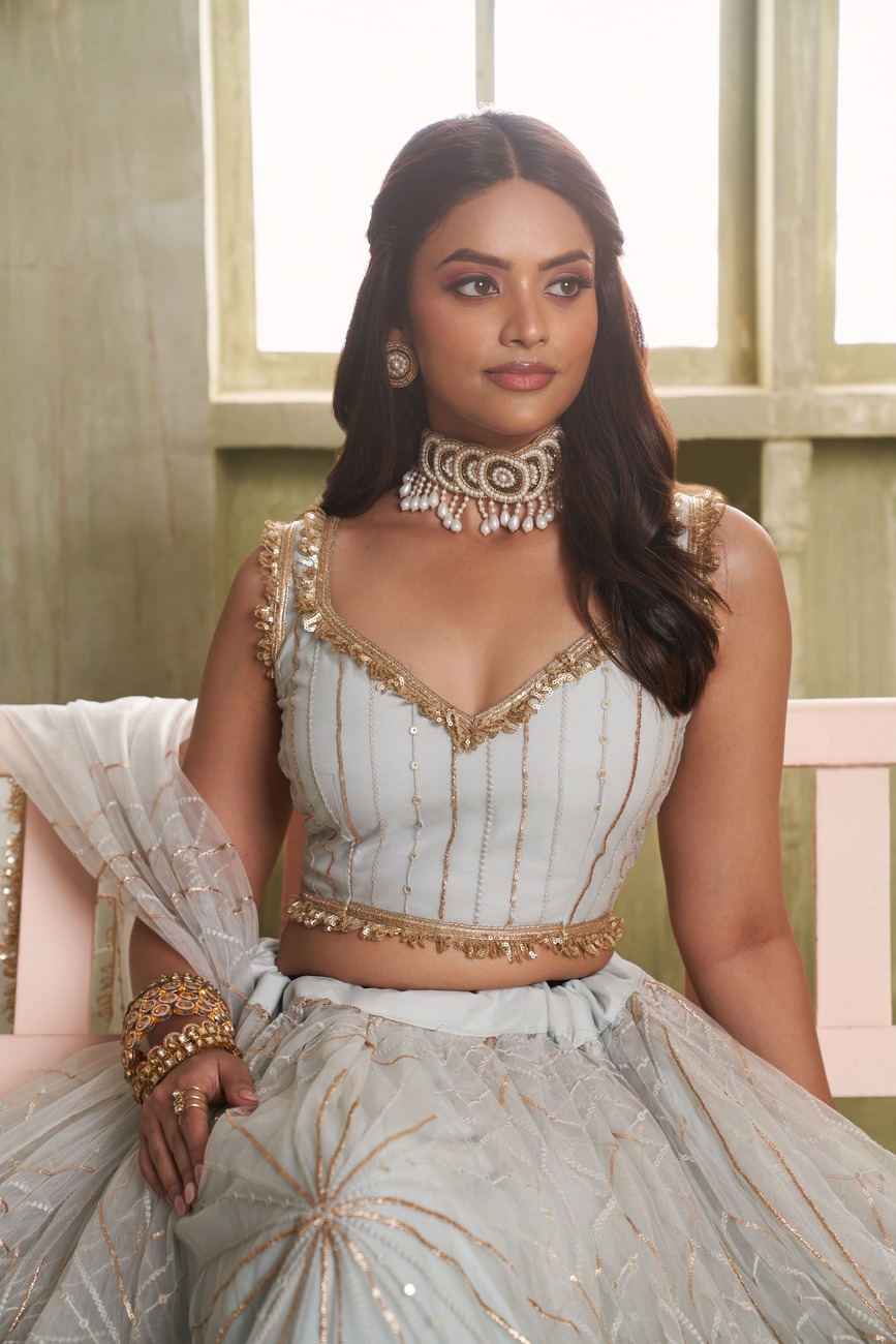 Light Grey Party Wear Designer Butterfly Net Lehenga Choli with Thread & Sequins Embroidery Dupatta - Image 3