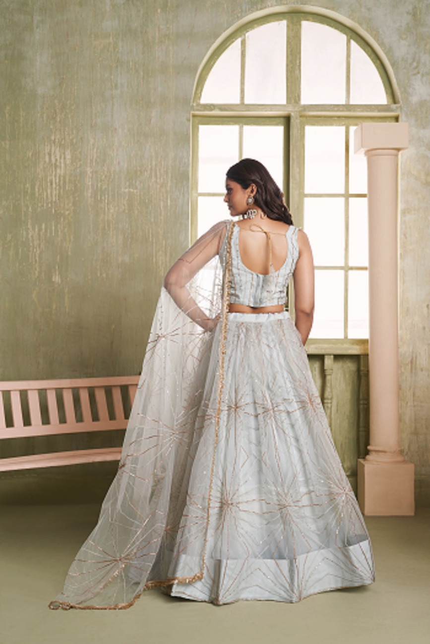 Light Grey Party Wear Designer Butterfly Net Lehenga Choli with Thread & Sequins Embroidery Dupatta - Image 2