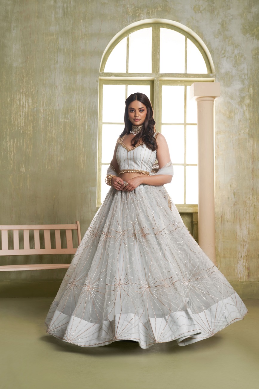 Light Grey Party Wear Designer Butterfly Net Lehenga Choli with Thread & Sequins Embroidery Dupatta