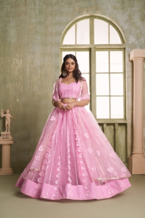 Pink Party Wear Designer Butterfly Net Lehenga Choli with Tone-on-Tone Thread & Sequins Embroidery Dupatta