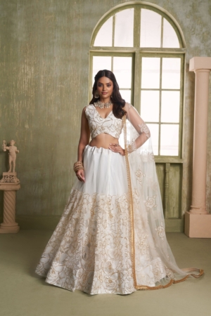 Off White Party Wear Designer Butterfly Net Lehenga Choli with Tone-on-Tone Thread & Sequins Embroidery Dupatta